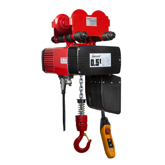 DELTA Electric chain hoist with push/electric trolley – 400V – 0.5 ton – double speed – 1 chain fall